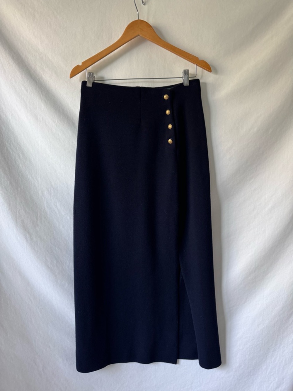 Lauren Ralph Lauren Merino Wool Midi Skirt Navy Gold Button Slit M - Picture 3 of 10